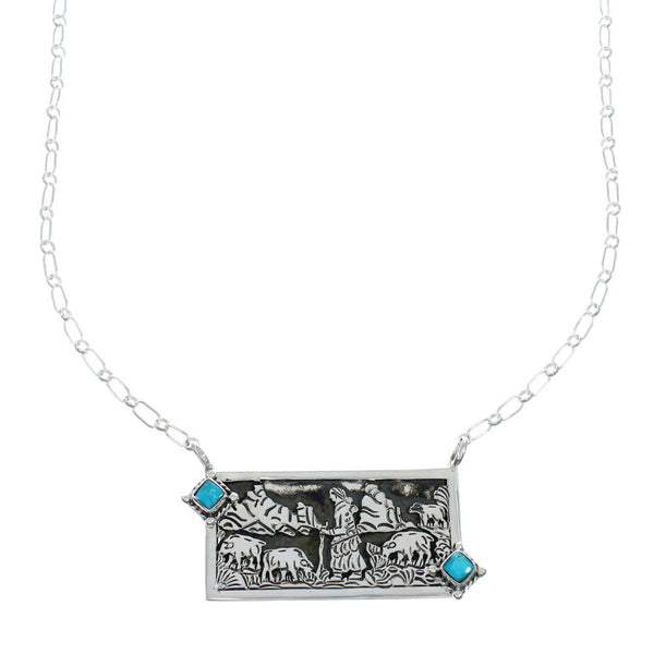 Native American Sterling Silver Story Teller Turquoise Necklace NN20165